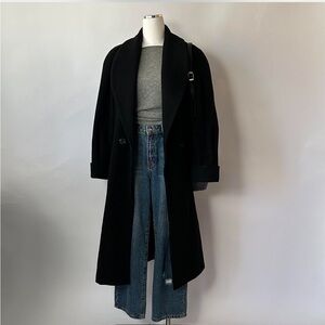 Vintage 80s Liz Baker Black Wool Double Breasted Overcoat.